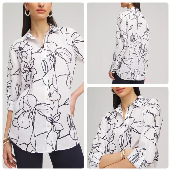 Chico’s 100% Linen Floral Button Front Tunic White Black Size 2 (US 12) - Picture 1 of 13